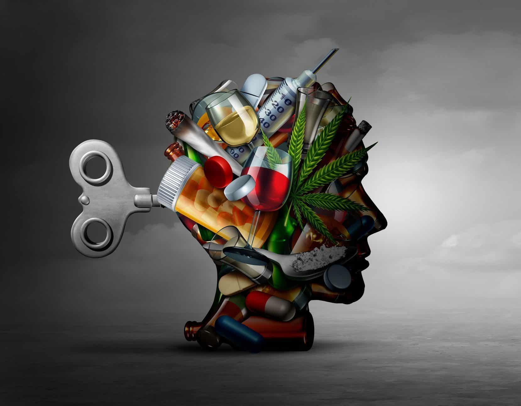 Drug addiction and mental function with the use of alcohol prescription drugs as a psychiatric or psychiatry concept of the effects on the brain with recreational or medication with 3D illustration elements.