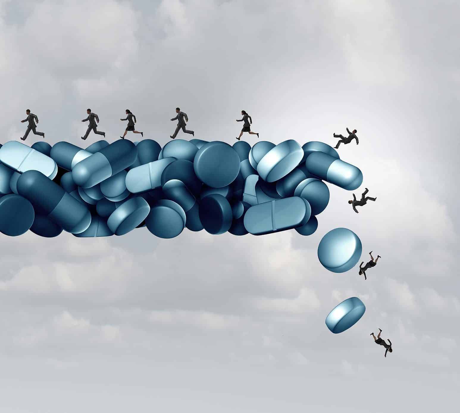 People running across a crumbling bridge made of drugs such as meth and falling