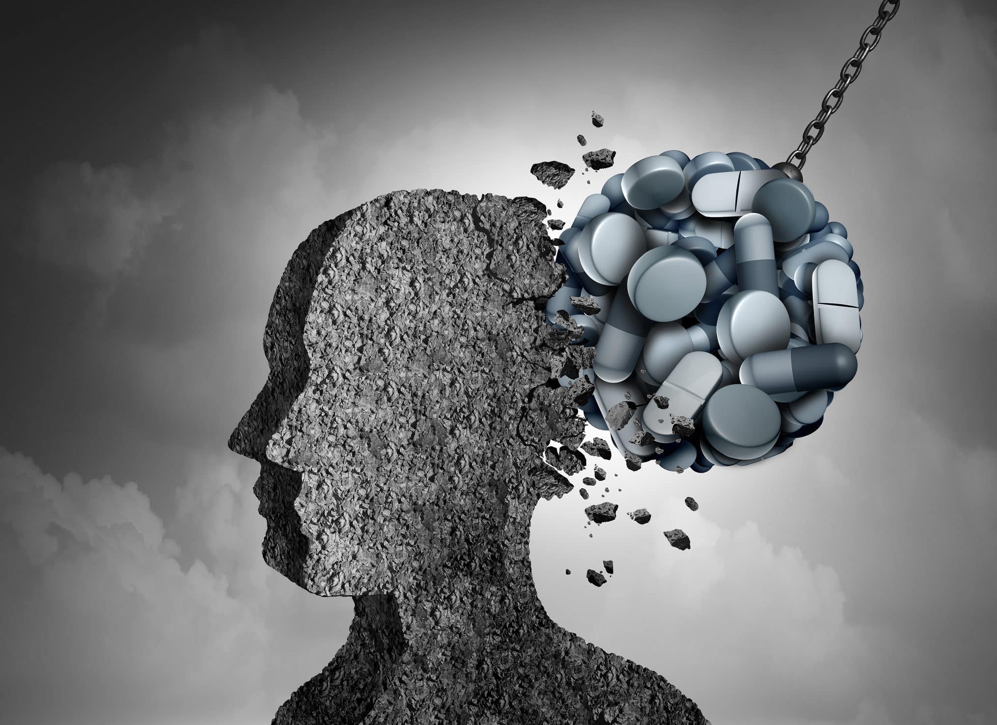 Wrecking ball made of opioids crashing into the head of a stone statue